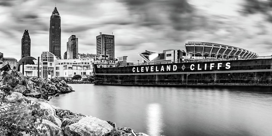 Skyline of Cleveland Ohio And Browns Stadium On Lake Erie Panorama - Black and White Photograph by Gregory Ballos