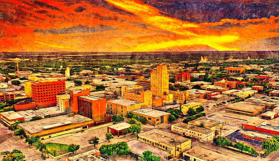 Skyline of downtown Abilene, Texas, at sunset - digital painting Digital Art by Nicko Prints