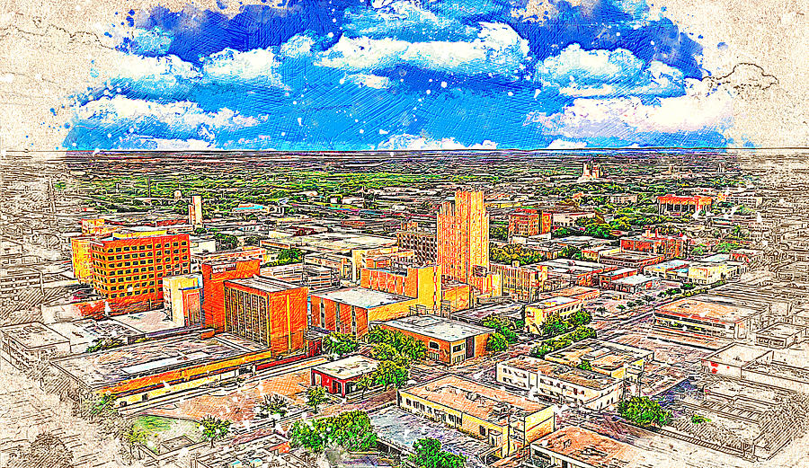 Skyline of downtown Abilene, Texas - colored drawing Digital Art by Nicko Prints