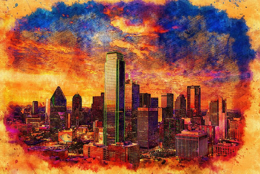 Skyline of downtown Dallas, Texas, at twilight - digital painting Digital Art by Nicko Prints
