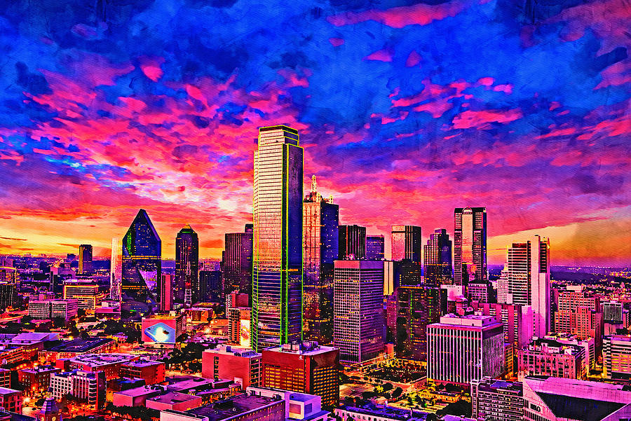 Skyline of downtown Dallas, Texas, at twilight - watercolor painting Digital Art by Nicko Prints