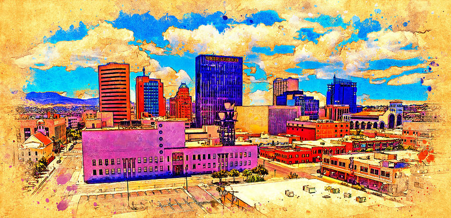 Skyline of Downtown El Paso, Texas, digital painting with vintage look Digital Art by Nicko Prints