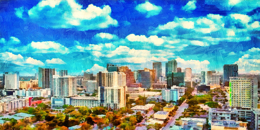 Skyline of downtown Fort Lauderdale, Florida - digital painting Digital Art by Nicko Prints