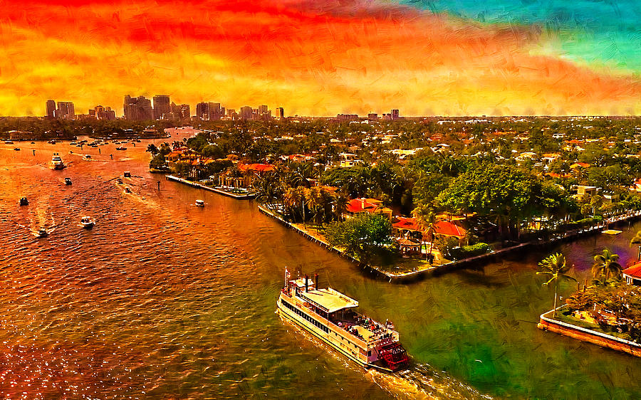 Skyline of downtown Fort Lauderdale seen from the New River at sunset - oil painting Digital Art by Nicko Prints