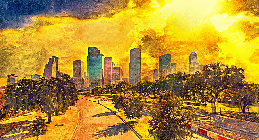 Skyline of downtown Houston, Texas, at sunset - impasto oil painting Digital Art by Nicko Prints