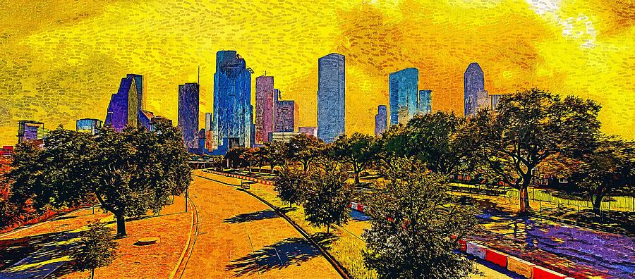 Skyline of downtown Houston, Texas, at sunset - impressionist painting ...