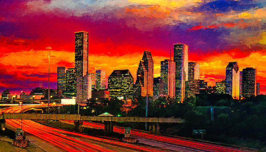 Skyline of downtown Houston, Texas, in the evening Digital Art by Nicko Prints
