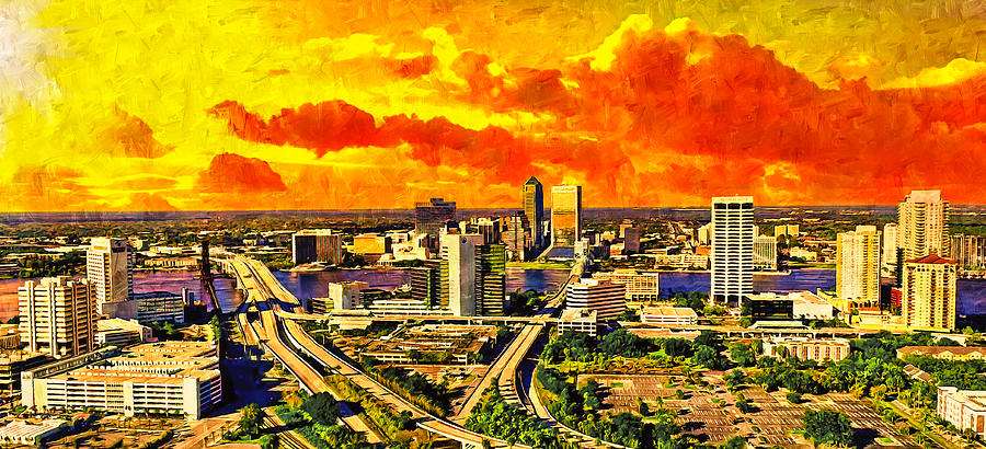 Skyline of downtown Jacksonville at sunset - digital painting Digital Art by Nicko Prints