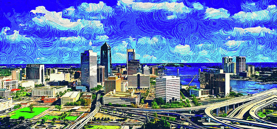 Skyline of downtown Jacksonville, Florida - impressionist painting Digital Art by Nicko Prints