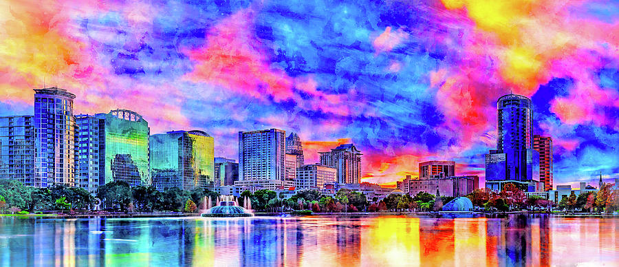 Skyline of downtown Orlando, Florida, seen at sunset from lake Eola - ink and watercolor Digital Art by Nicko Prints