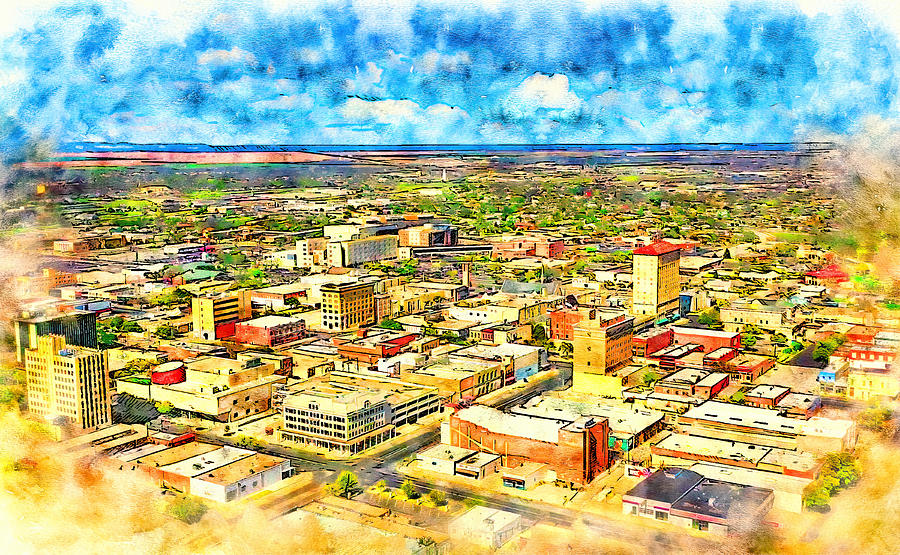 Skyline of downtown  San Angelo, Texas - pen and watercolor Digital Art by Nicko Prints