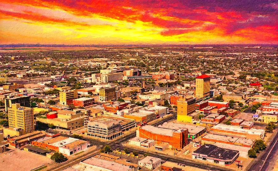 Skyline of downtown  San Angelo, Texas, seen at sunset - digital painting Digital Art by Nicko Prints