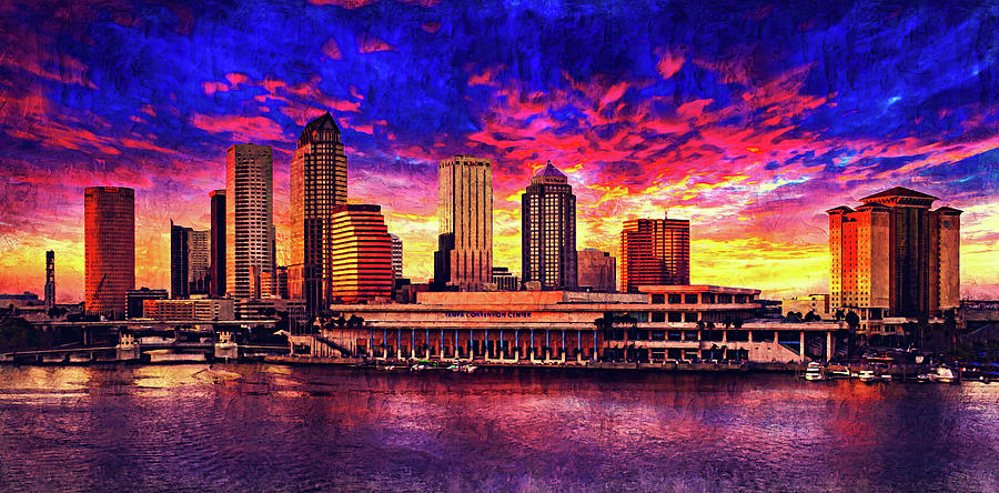 Skyline of Downtown Tampa, Florida, at sunset - impasto oil painting Digital Art by Nicko Prints
