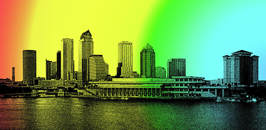 Skyline of Downtown Tampa, Florida - graphic pen on colorful background Digital Art by Nicko Prints