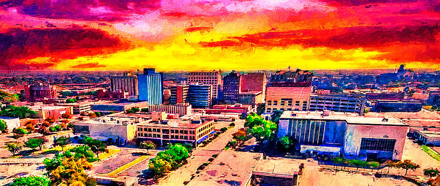 Skyline of downtown Wichita Falls, Texas, at sunset - digital painting Digital Art by Nicko Prints
