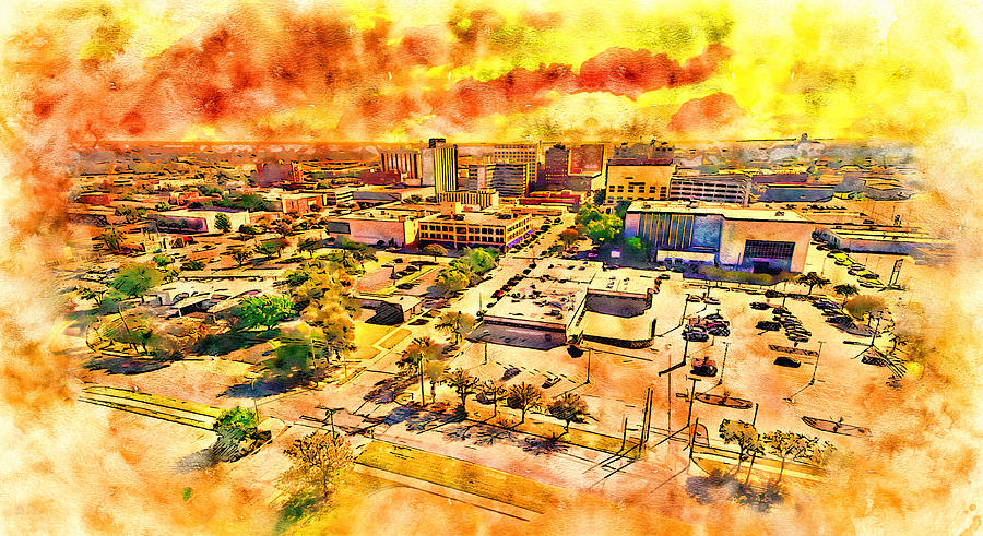 Skyline of downtown Wichita Falls, Texas, at sunset - pen and watercolor Digital Art by Nicko Prints