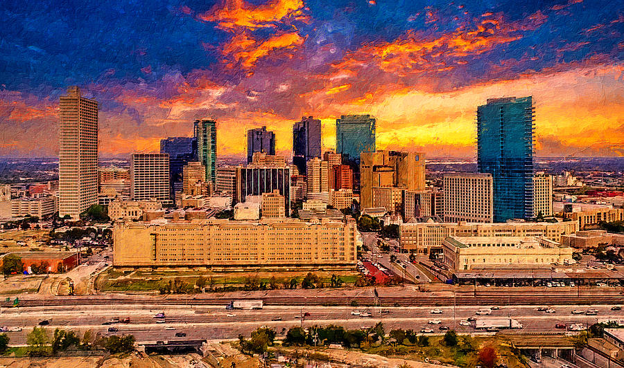 Skyline of Fort Worth, Texas, at sunset - digital painting Digital Art by Nicko Prints