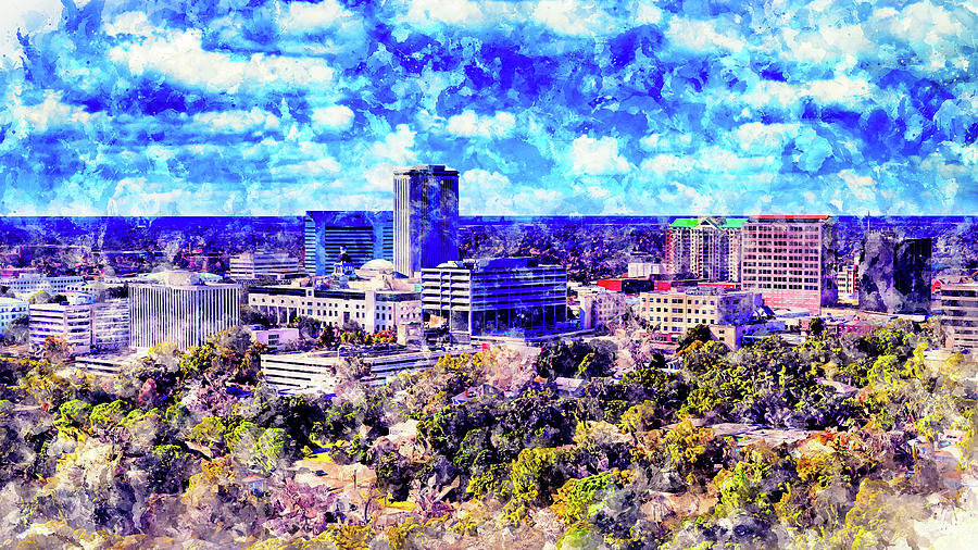 Skyline of Tallahassee, Florida - ink and watercolor Digital Art by Nicko Prints