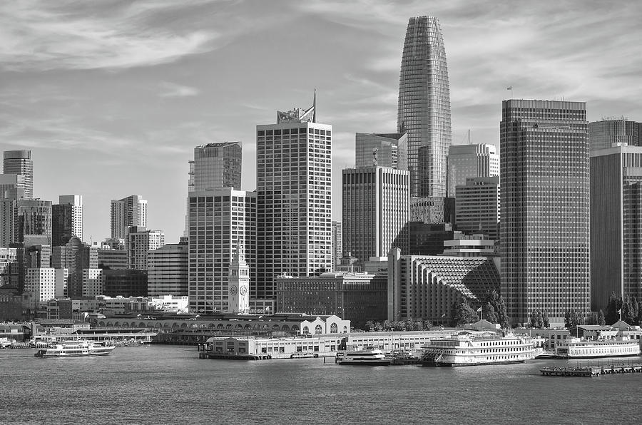 Skyscrapers and Piers along The Embarcadero in Downtown San Francisco Black and White Photograph by Shawn OBrien