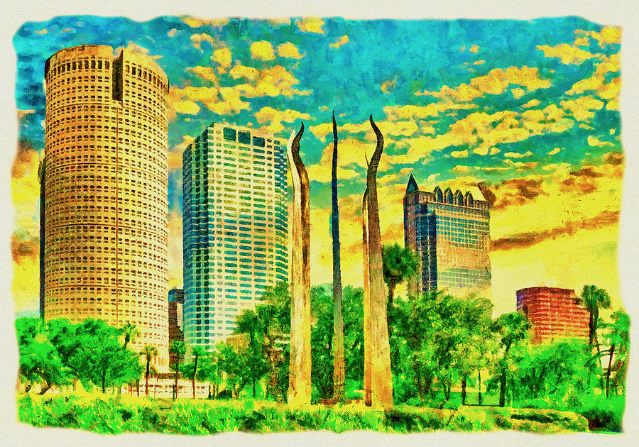 Skyscrapers of Downtown Tampa and the Sticks of Fire sculpture seen from the Plant Park at sunrise Digital Art by Nicko Prints