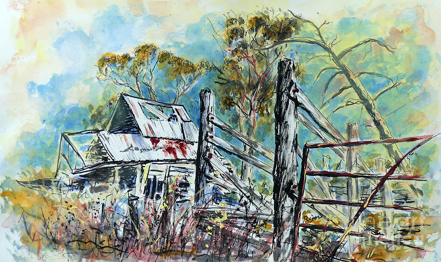 Slaughter yard Road, Ramshackle Stock Yard, Clunes. Painting by Ryn Shell