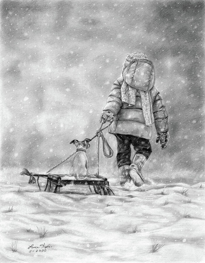Sled Ride Drawing by Lena Auxier