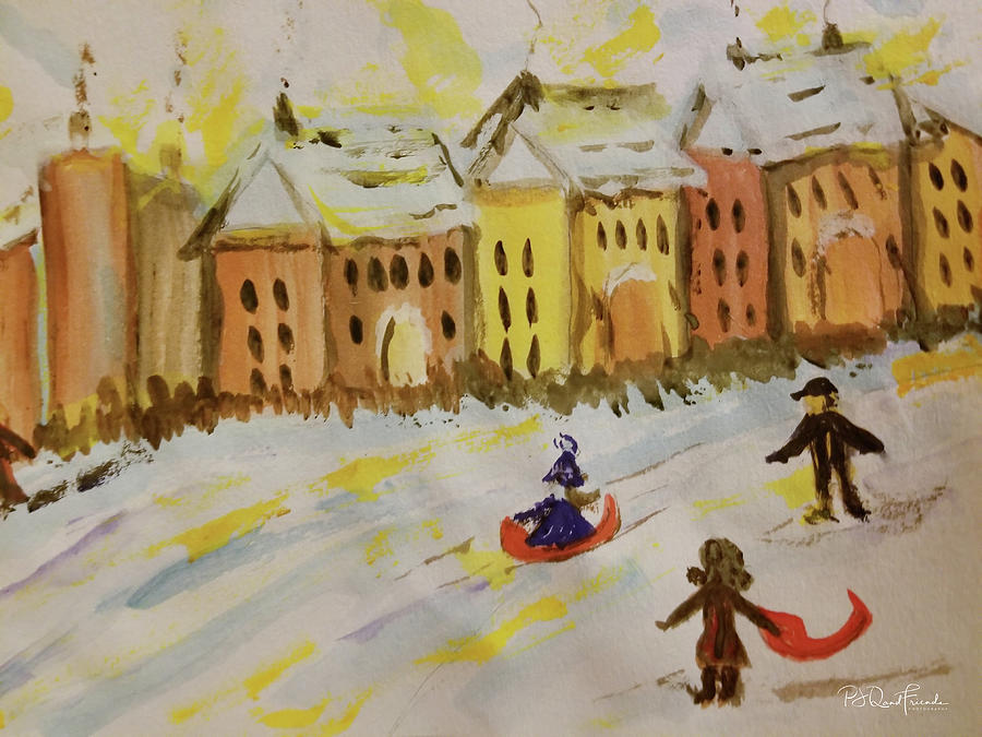 Sledding in the City Painting by PJQandFriends Photography