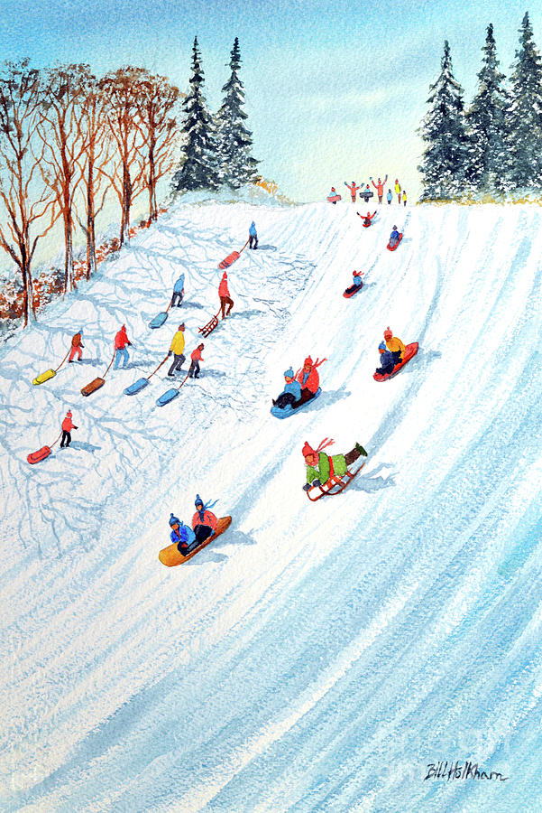 Sledding On A Fun Snow Day Painting by Bill Holkham
