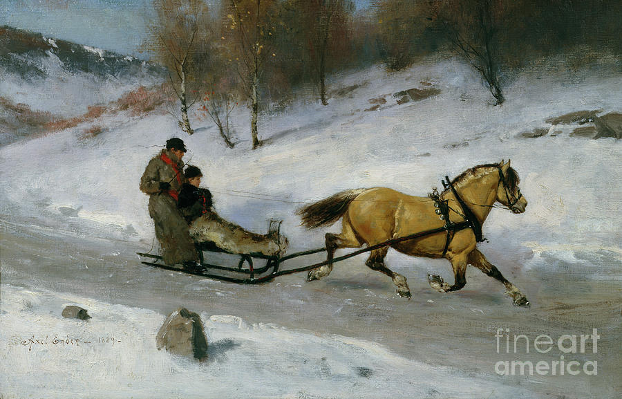 Sledge ride, 1889 Painting by O Vaering by Axel Ender