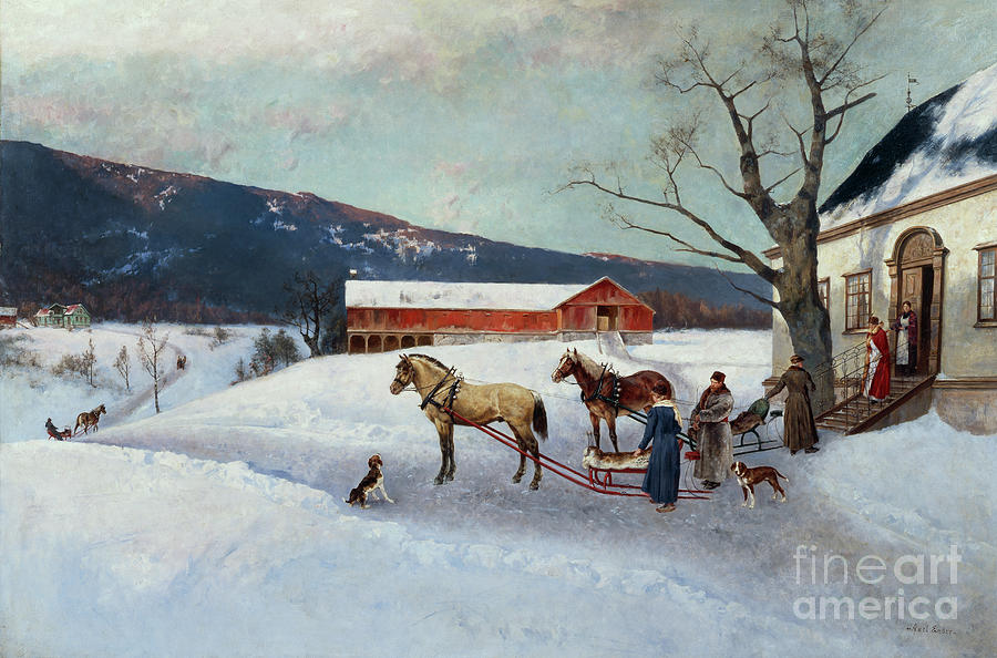 Sledge ride from a farm yard  Painting by O Vaering by Axel Ender