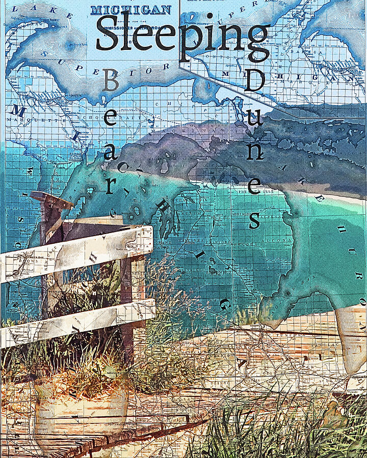 Sleeping Bear Dunes And Map Mixed Media by Dan Sproul Sleeping Bear Dunes And Map Mixed Media by Dan Sproul