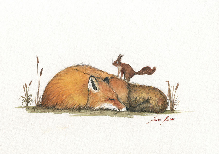 Forest Animals Painting - Sleeping fox with squirrel by Juan Bosco