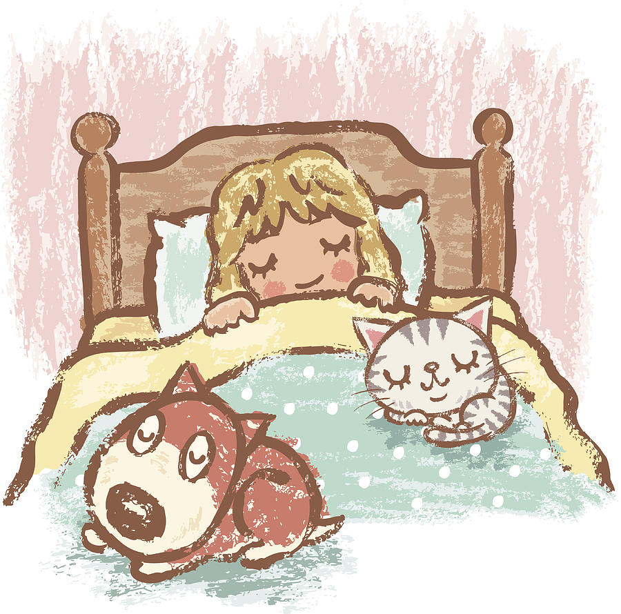 Sleeping girl with dog and cat Drawing by Toru-Sanogawa