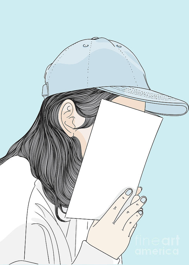 Sleepy Girl Reading A Book - Line Art Graphic Illustration Artwork Digital Art by Sambel Pedes