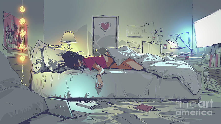 Bed Painting - Sleepy Girl by Tithi Luadthong