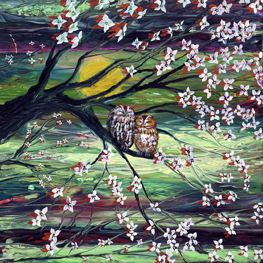 Sleepy Owls in Dogwood Blossoms Painting by Laura Iverson