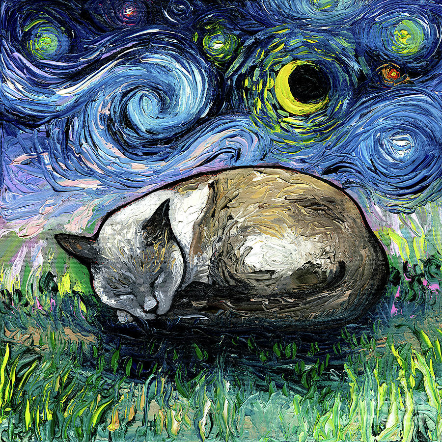 Sleepy Siamese Night Painting by Aja Trier