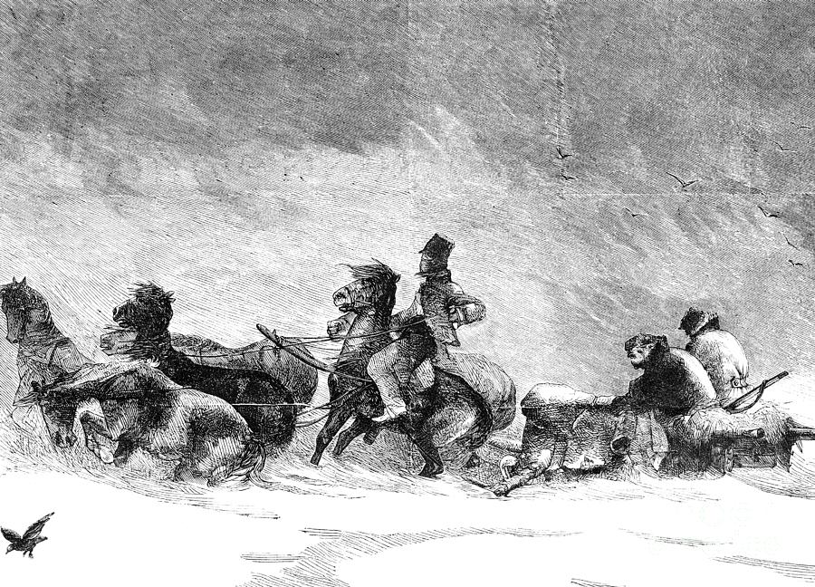 Sleigh in Snowstorm, 1859 Drawing by Granger