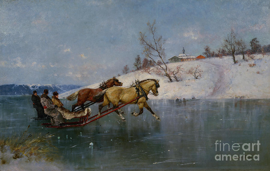 Sleigh ride on Mjosa Painting by O Vaering by Axel Ender