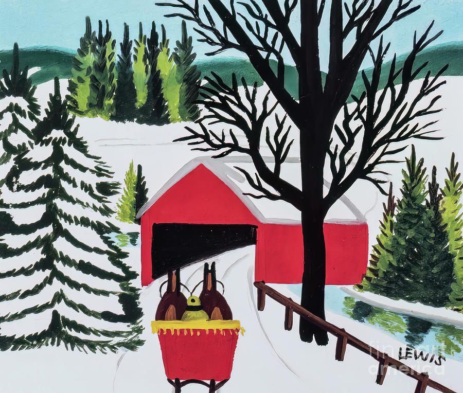 Sleigh Ride with Covered Bridge, Winter by Maud Lewis Painting by Maud Lewis