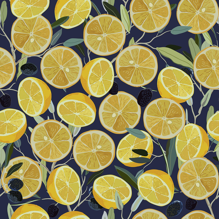 Sliced Lemon And Olive Branch On Background. Seamless Pattern. Drawing