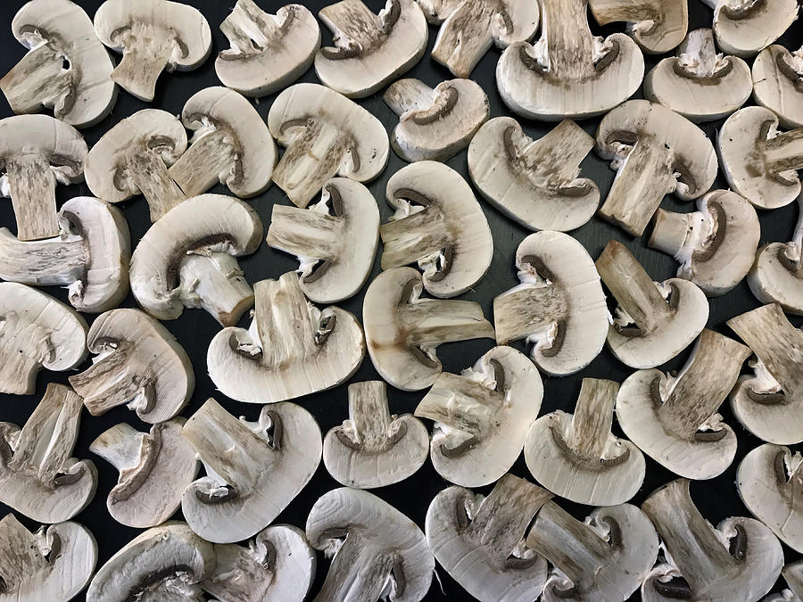 Sliced white button mushrooms (Agaricus bisporus) Photograph by Zen Rial