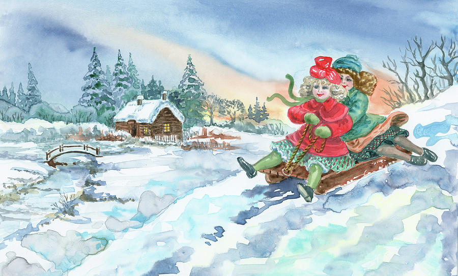 Sliding Down The Hill Watercolor Winter Village Painting
