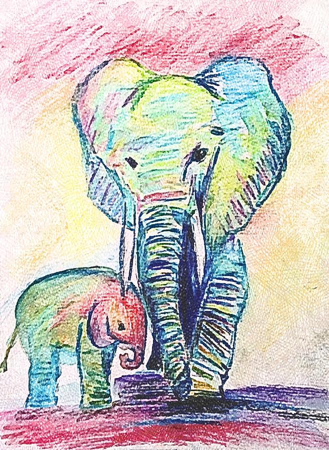 Elephant And Baby Elephant Watercolor Drawing by Maxim Kalashnikov - Pixels