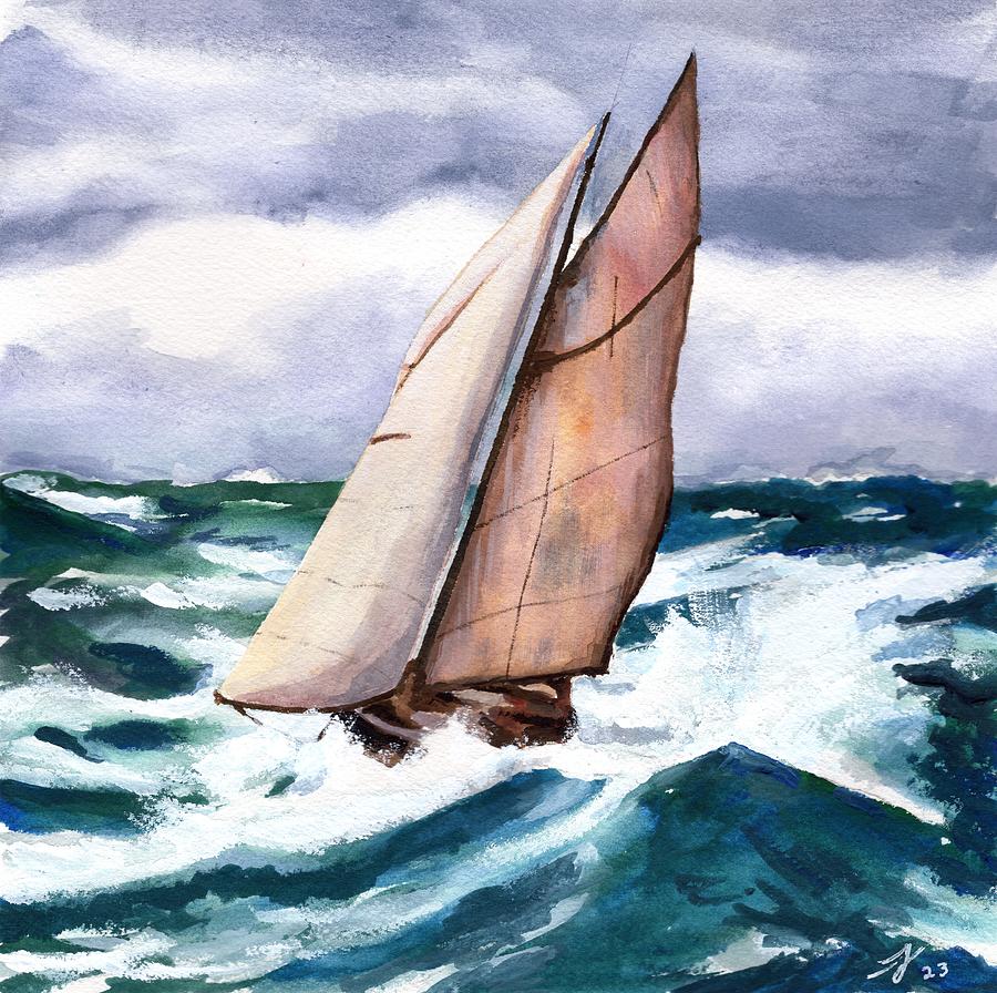 Boat Painting - Sloop Velia in Rough Waters by Tom Jenkins