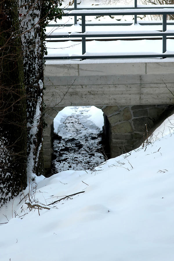 Slope culvert under the railway tracks seen from the slope in winter ...