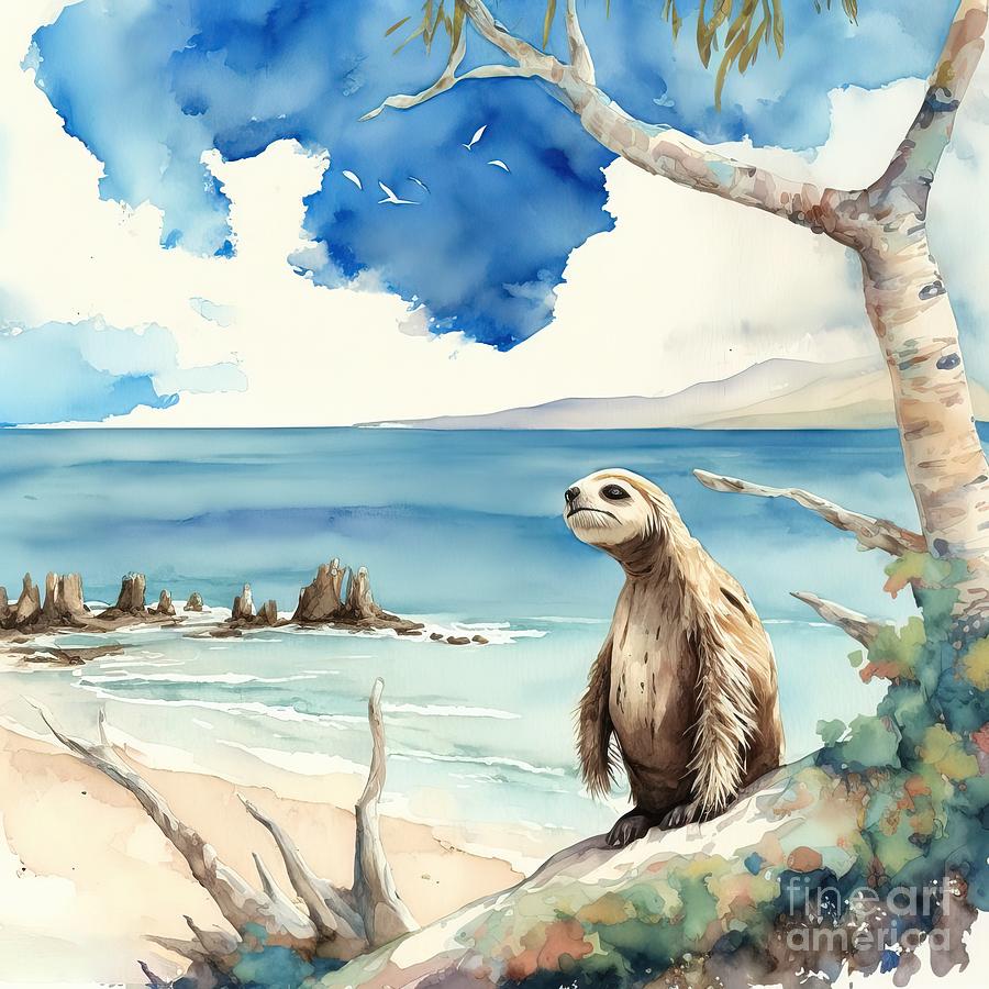 Wildlife Painting - Sloth At Beach by N Akkash