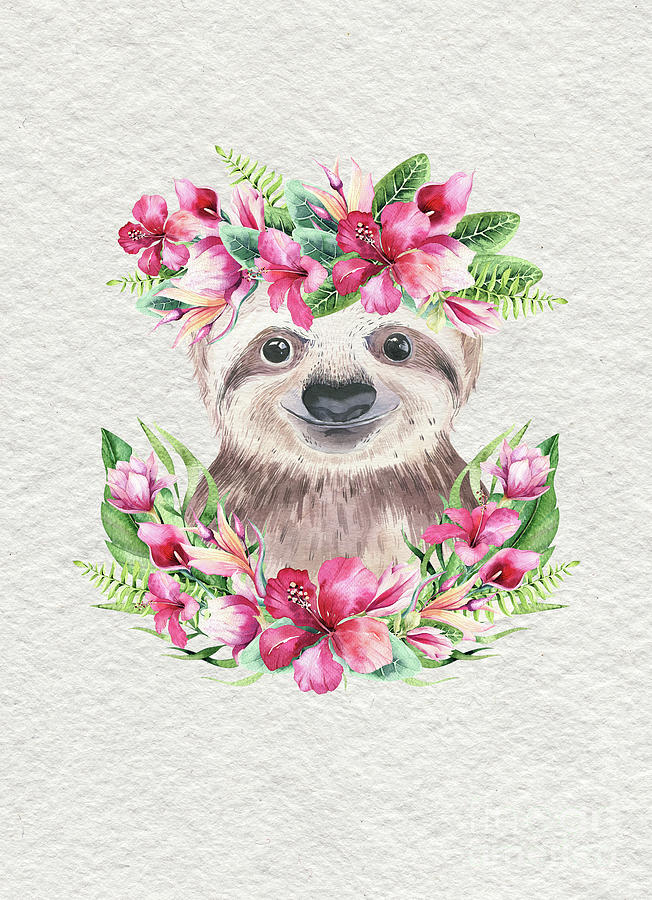 Sloth With Flowers Painting by Nursery Art Sloth With Flowers Painting by Nursery Art