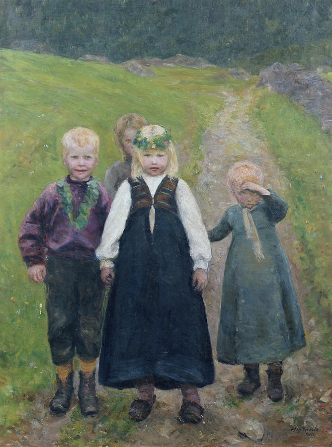 Small children wedding procession, 1895 Painting by O Vaering by Helga Ring Reusch