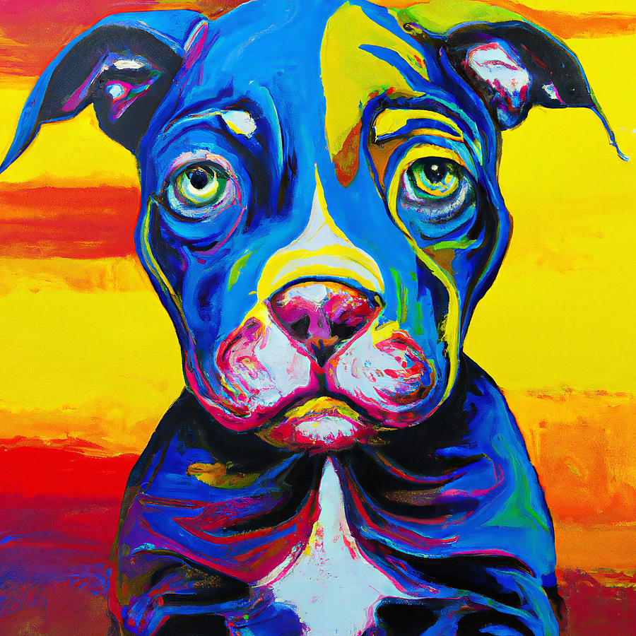Small Cute Colorful Pitbull Puppy Dog Painting by StellArt Studio ...